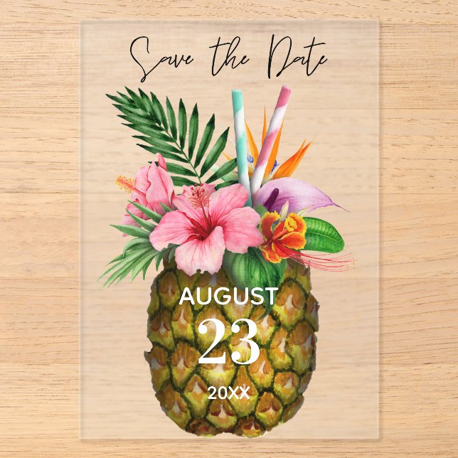 Invitations En Acrylique Flore et ananas hawaïens tropicaux Enregistrer la  (Recto)