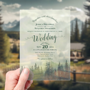 Invitations En Acrylique Foggy Green Pines Calligraphie Mariage