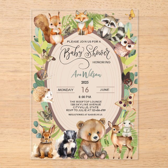 Invitations En Acrylique Forêt de bois Baby shower animal Verdure rustique (Recto)