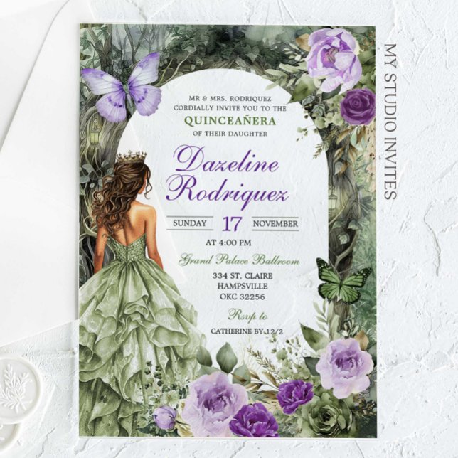 Invitations En Acrylique Forêt lunaire verte pourpre Quinceanera (Créateur téléchargé)