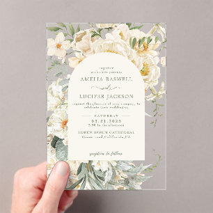 Invitations En Acrylique Formal Sage Green avec ivoire fleuri Jardin Mariag