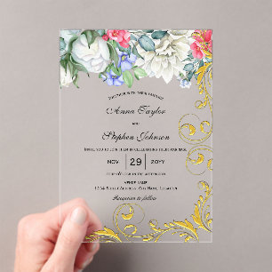 Invitations En Acrylique Framboise Blanc Bleu Rose Doré Tourbillons Botaniq