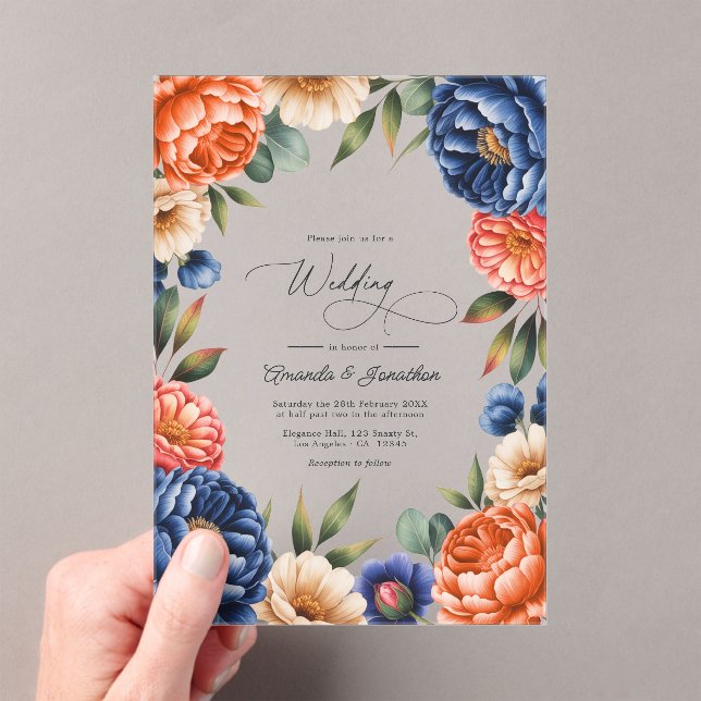 Invitations En Acrylique French Blue, Coral, and Sand Beige Floral Wedding (In situ (ordinateur de poche))
