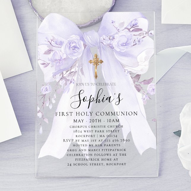 Invitations En Acrylique Frosted Acrylic Purple Bow Rose First Communion (Créateur téléchargé)