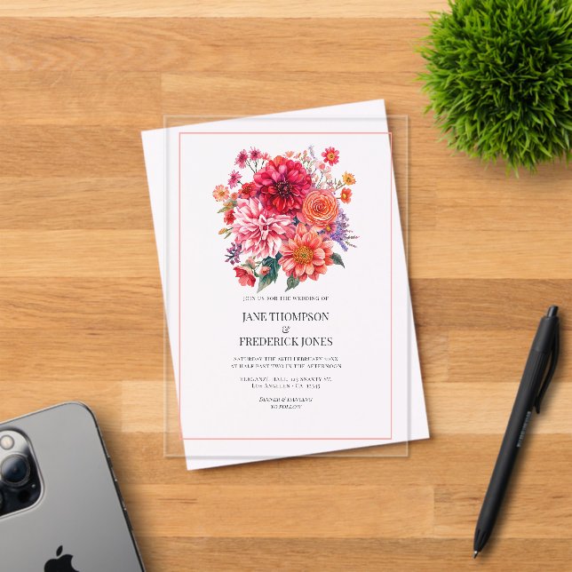 Invitations En Acrylique Fuchsia and Coral Bright Floral Wedding (Insitu (Carte d'invitation))