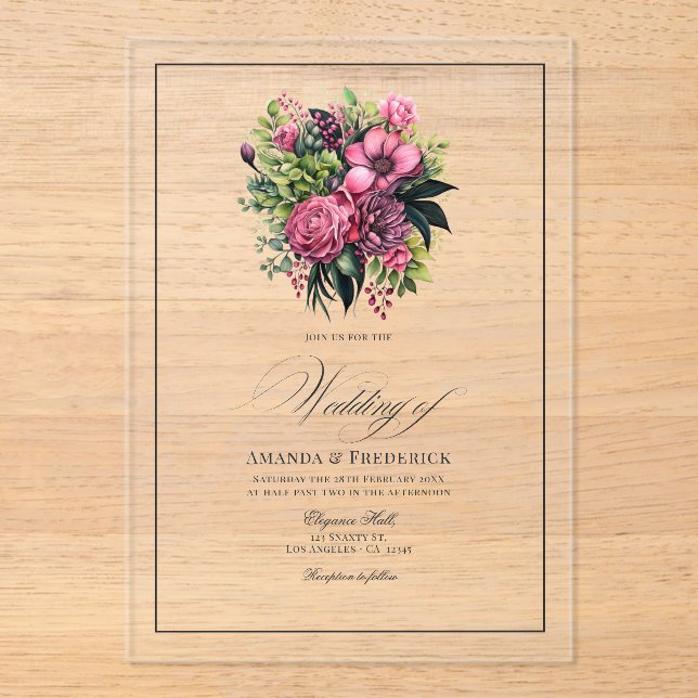 Invitations En Acrylique Fuchsia, Emerald Green et Black Floral Mariage (Recto)
