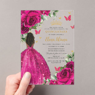 Invitations En Acrylique Fuchsia Floral Brown Princesse Quinceañera Sweet 1