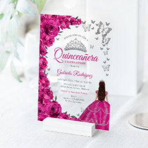 Invitations En Acrylique Fuchsia Rose Aquarelle Roses Argent Quinceanera