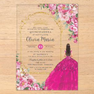 Invitations En Acrylique Fuchsia Rose Floral Or Quinceañera Douze 16 XV