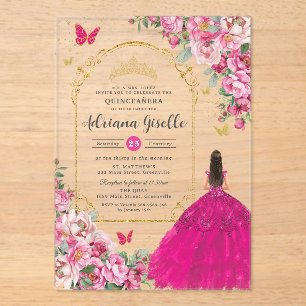 Invitations En Acrylique Fuchsia Rose Floral Or Quinceañera Sweet 16 XV
