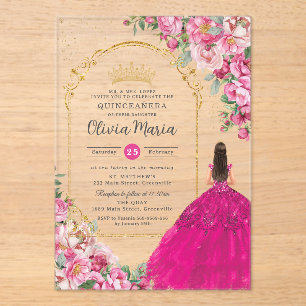 Invitations En Acrylique Fuchsia Rose Floral Or Quinceañera Sweet 16 XV