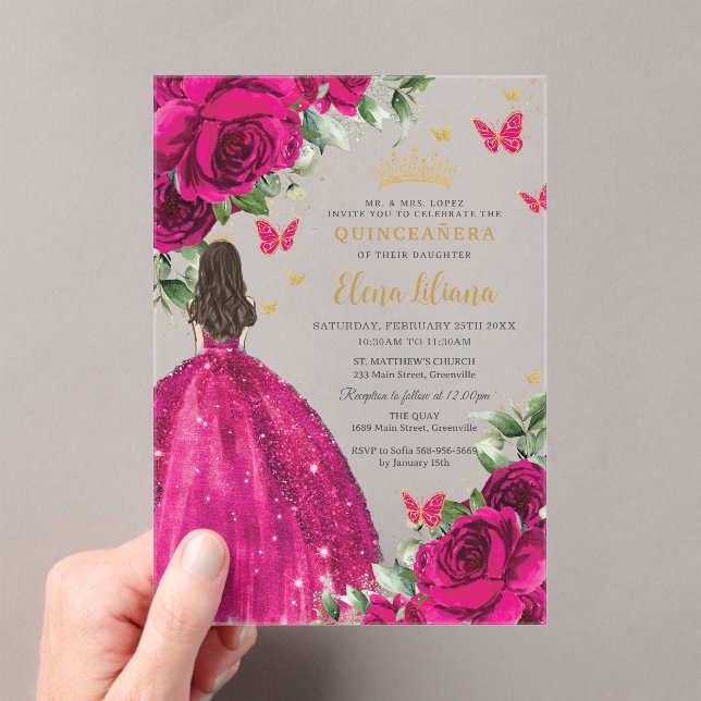 Invitations En Acrylique Fuchsia Roses rose chaud Floral Quinceañera Sweet  (In situ (ordinateur de poche))