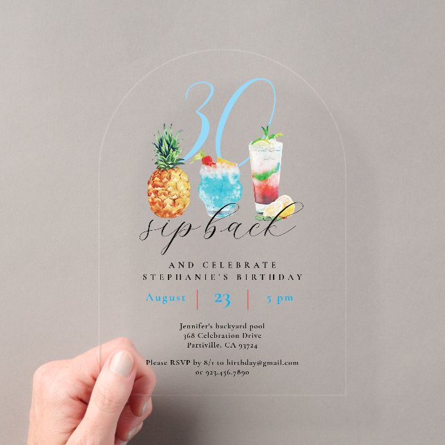Invitations En Acrylique Fun Summer Sip Back Cocktails 30th Birthday Party (In situ (ordinateur de poche))
