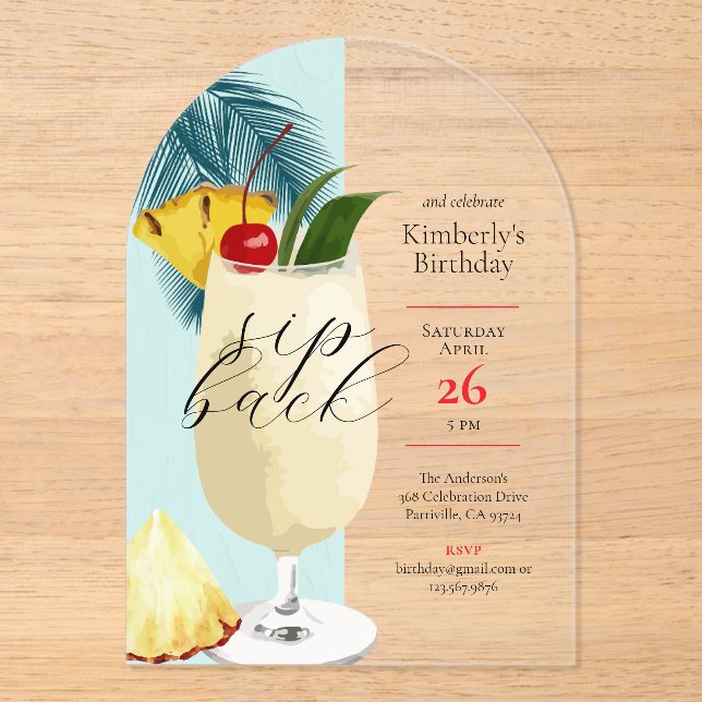 Invitations En Acrylique Fun Tropical Pina Colada Cocktail Anniversaire Fêt (Recto)