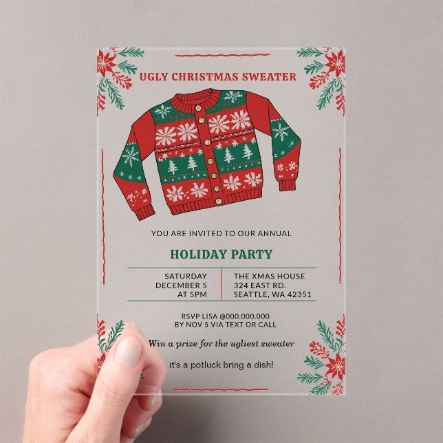 Invitations En Acrylique Funny Red Green Ugly Christmas Sweater Party (In situ (ordinateur de poche))