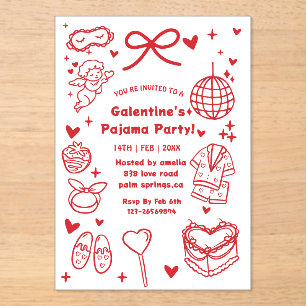 Invitations En Acrylique Galentine’s Pyjama, Saint-Valentin de Nuit Dessiné