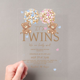 Invitations En Acrylique Garçon Jumeaux Ours Balloons Baby shower