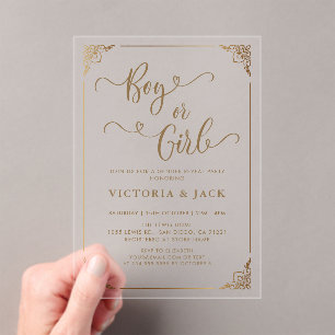 Invitations En Acrylique Garçon ou fille Gold Luxury Ornate Baby Genre Reve