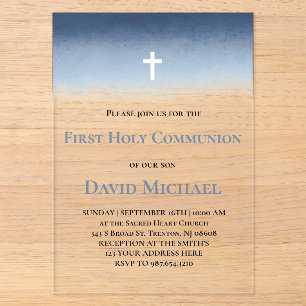 Invitations En Acrylique garçon première communion bleu aquarelle