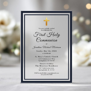Invitations En Acrylique Garçon Première Sainte Communion Bleu Nuit Or