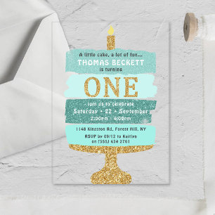 Invitations En Acrylique Gâteau Pailleté Menthe et Or pour 1er Anniversaire