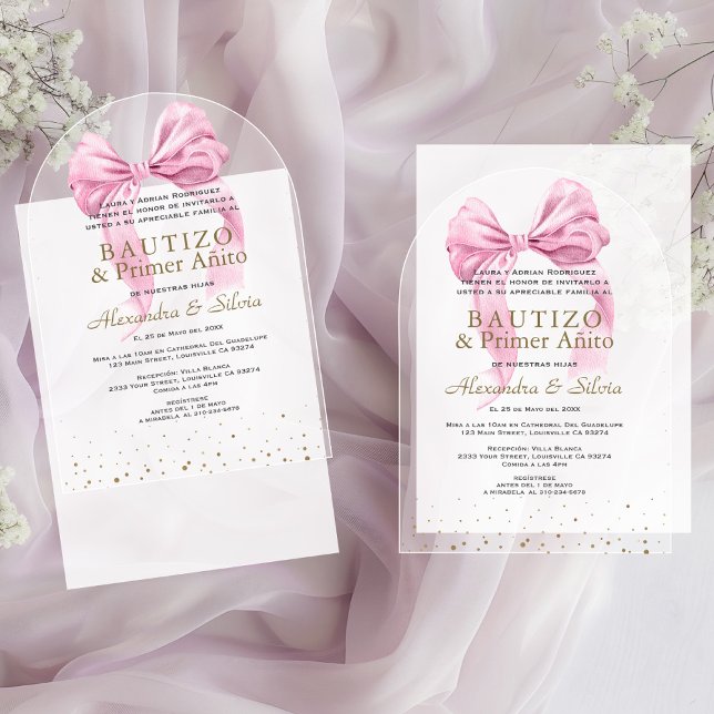 Invitations En Acrylique Gemelas Hijas Lazo Rosa Primer Añito Bautizo (Créateur téléchargé)