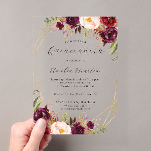 Invitations En Acrylique Geo Clear Acrylique Bourgogne Floral Quinceanera