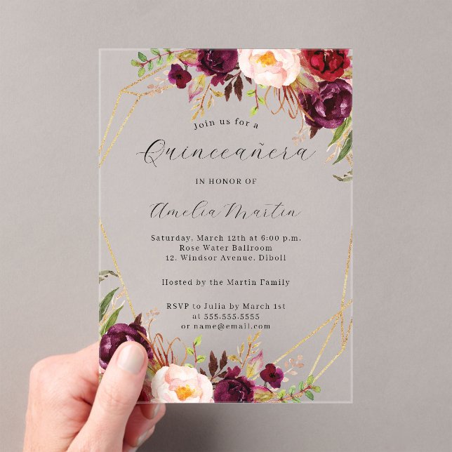 Invitations En Acrylique Geo Clear Acrylique Bourgogne Floral Quinceanera (In situ (ordinateur de poche))