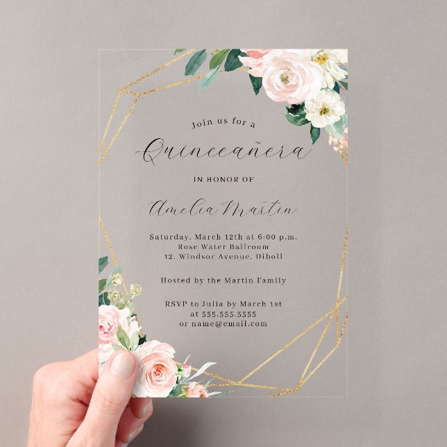 Invitations En Acrylique Geo Clear Acrylique Floral Quinceanera (In situ (ordinateur de poche))