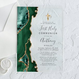 Invitations En Acrylique Géode d'âge Or vert Première communion sainte