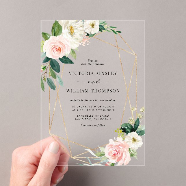 Invitations En Acrylique Geometric Watercolor Spring Blooms Wedding  (In situ (ordinateur de poche))