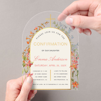 Invitations En Acrylique  Girl Confirmation Gold Arch Floral Watercolor 