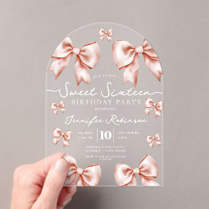 Invitations En Acrylique Girly Coquette Bow Sweet 16 Anniversaire Rose Gold