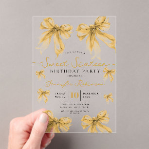 Invitations En Acrylique Girly Coquette Bow Sweet 16 Fête d'anniversaire Or