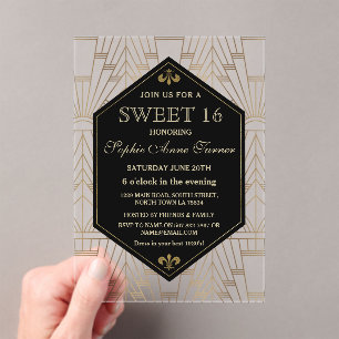 Invitations En Acrylique Glam Roaring 20s Great Gatsby Art Déco Sweet 16