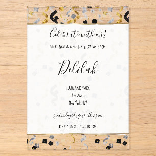 Invitations En Acrylique Glamour Anniversaire Confettis Argent Noir Or
