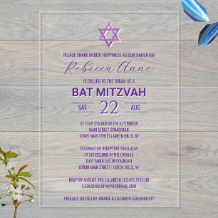 Invitations En Acrylique Glamour Violet Chic Élégant Traditionnel Bat Mitzv