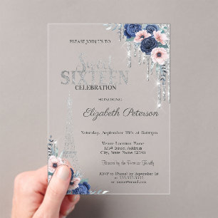Invitations En Acrylique Glitter Drip,Tour Eiffel Roses bleues Sweet 16