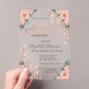 Invitations En Acrylique Glitter Drips Rose Gold Floral Sweet 16