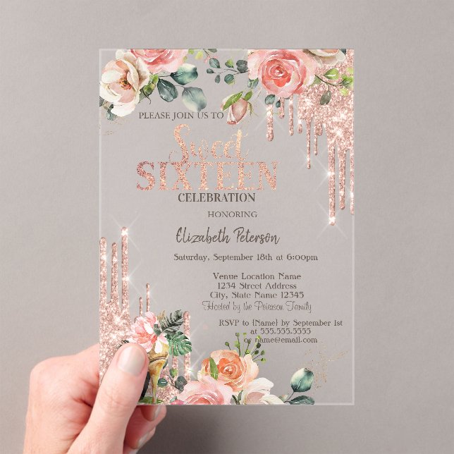 Invitations En Acrylique Glitter Drips Rose Gold High Heels Roses Sweet 16  (In situ (ordinateur de poche))