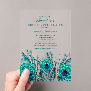 Invitations En Acrylique Glitterie Turquoise Peacock Feathers Sweet 16