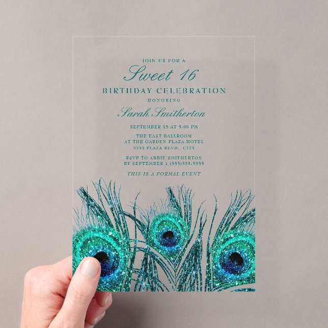 Invitations En Acrylique Glitterie Turquoise Peacock Feathers Sweet 16 (In situ (ordinateur de poche))