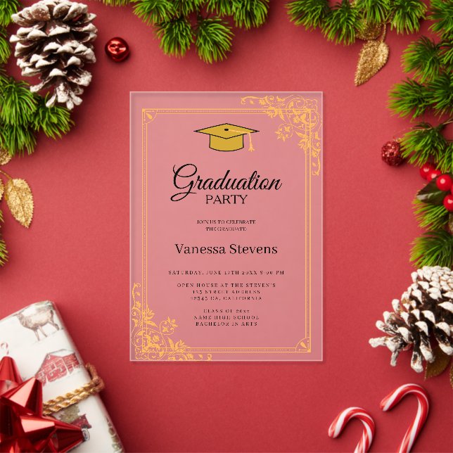 Invitations En Acrylique Gold Classic Graduation Cap Party (Insitu (vacances))