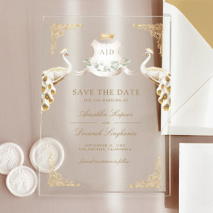 Invitations En Acrylique Gold Crest White Peacock Wedding Enregistrer la da