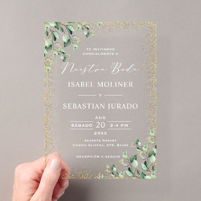 Invitations En Acrylique Gold Frame Green Nuestra Boda Mariage espagnol (In situ (ordinateur de poche))
