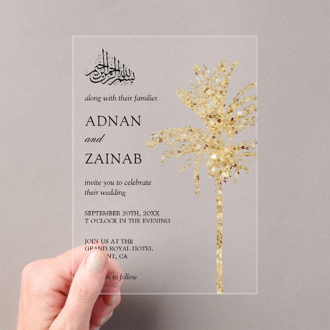 Invitations En Acrylique Gold Glitter Date Palm Muslim Wedding (In situ (ordinateur de poche))