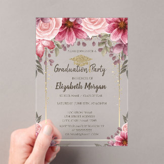 Invitations En Acrylique Gold Glitter Graduation Cap,Stripes Floral