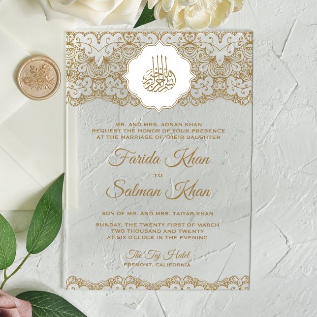 Invitations En Acrylique Gold Lace Islamic Muslim Wedding (Créateur téléchargé)