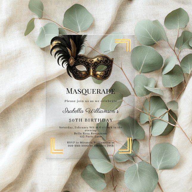 Invitations En Acrylique Gold Masquerade luxury birthday party (Créateur téléchargé)