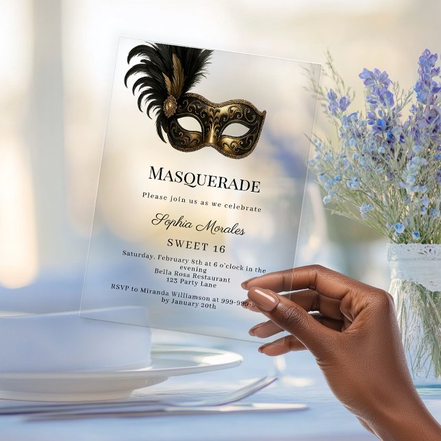 Invitations En Acrylique Gold Masquerade party Sweet 16 (Créateur téléchargé)